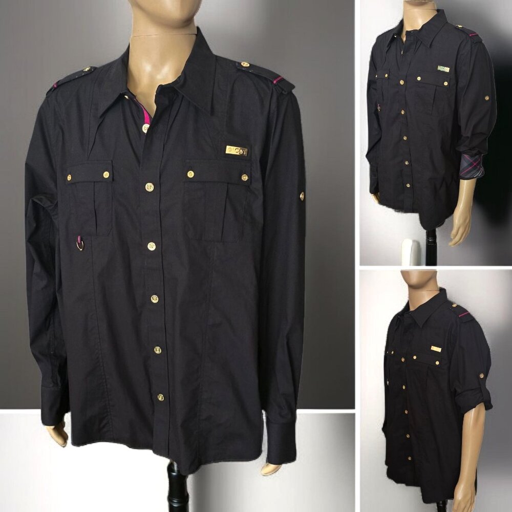 NWT CAVI (2X) Mens Military Style Gold Buttons Plaid Placket and Cuffs Button Up